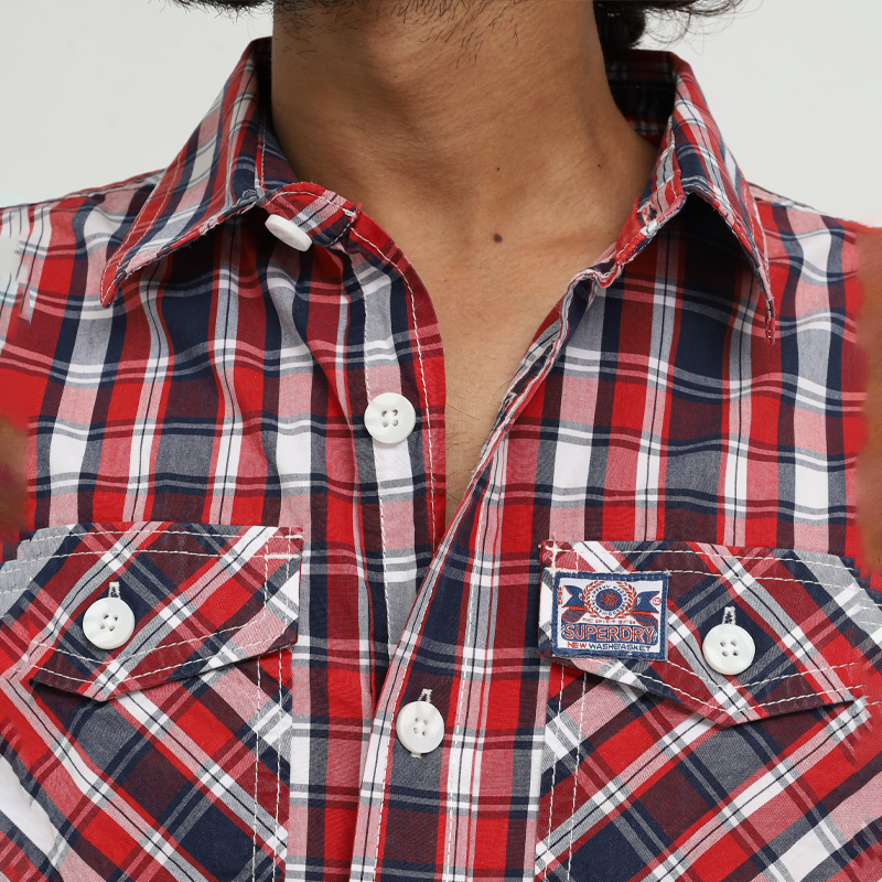 Men's Red & Navy Cotton Check Shirt – Western Style Short Sleeve