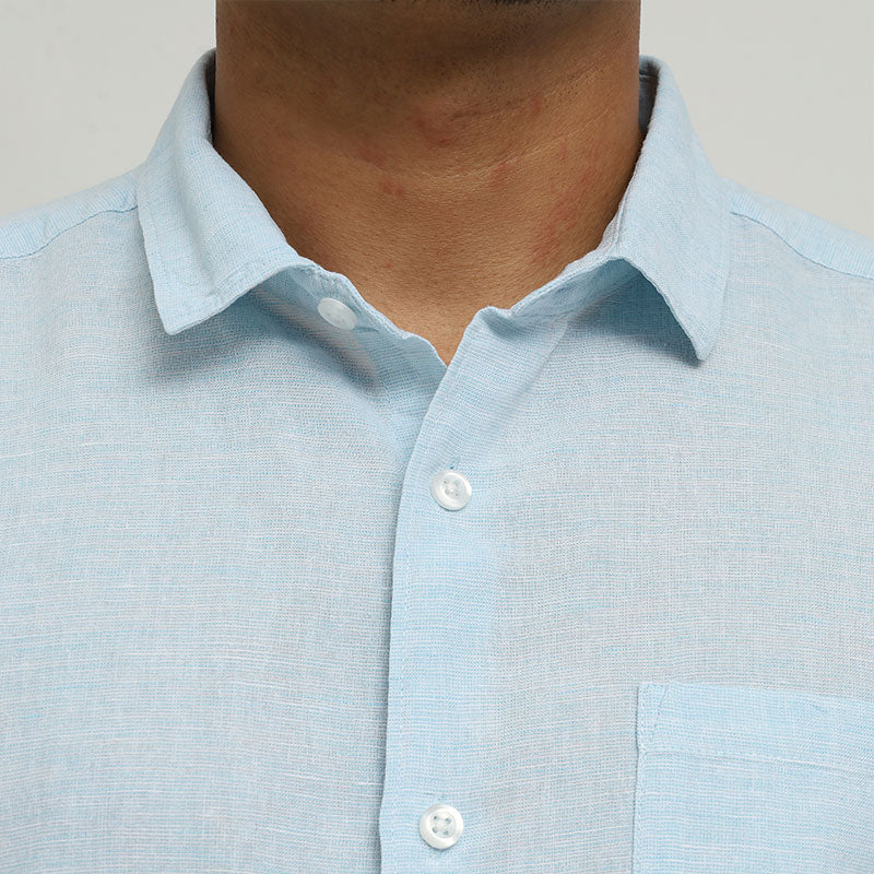 Men's Casual Short Sleeve Cotton Shirt - Sky Blue | Relaxed Fit