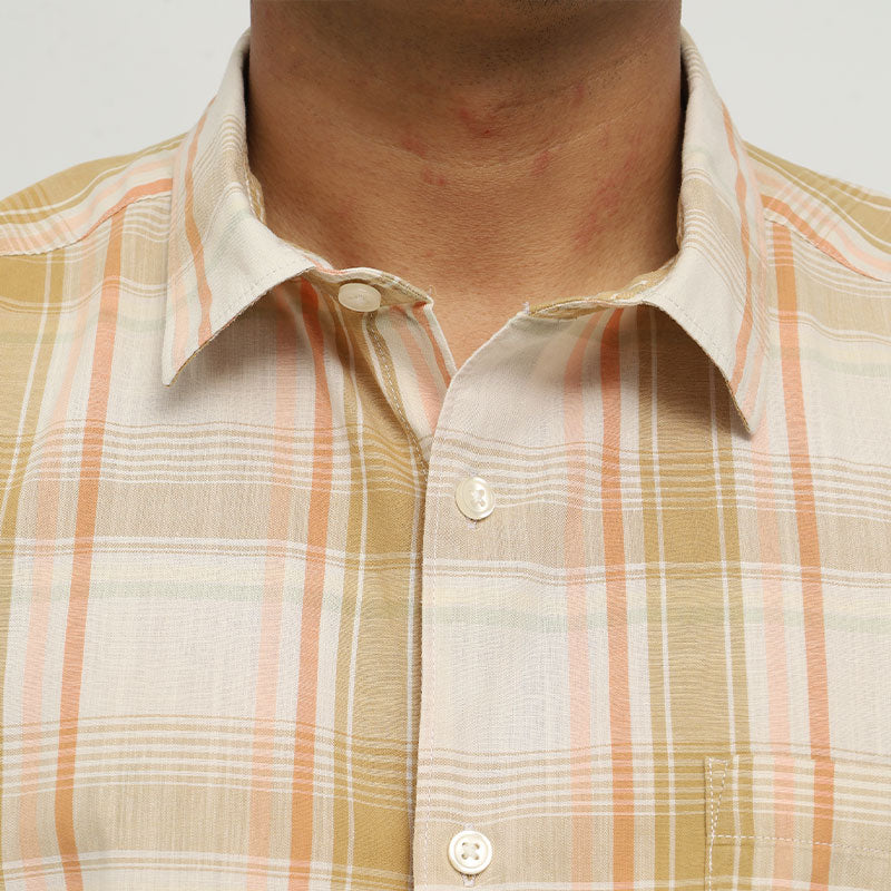 TU Man Large Casual Cotton Shirt – Beige & Peach Plaid