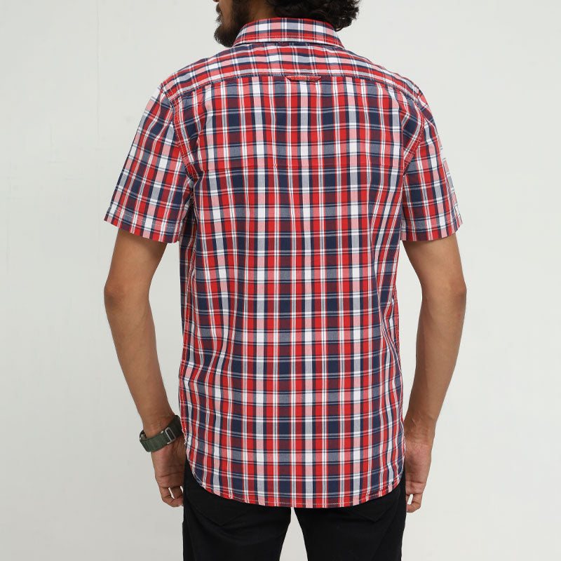 Men's Red & Navy Cotton Check Shirt – Western Style Short Sleeve
