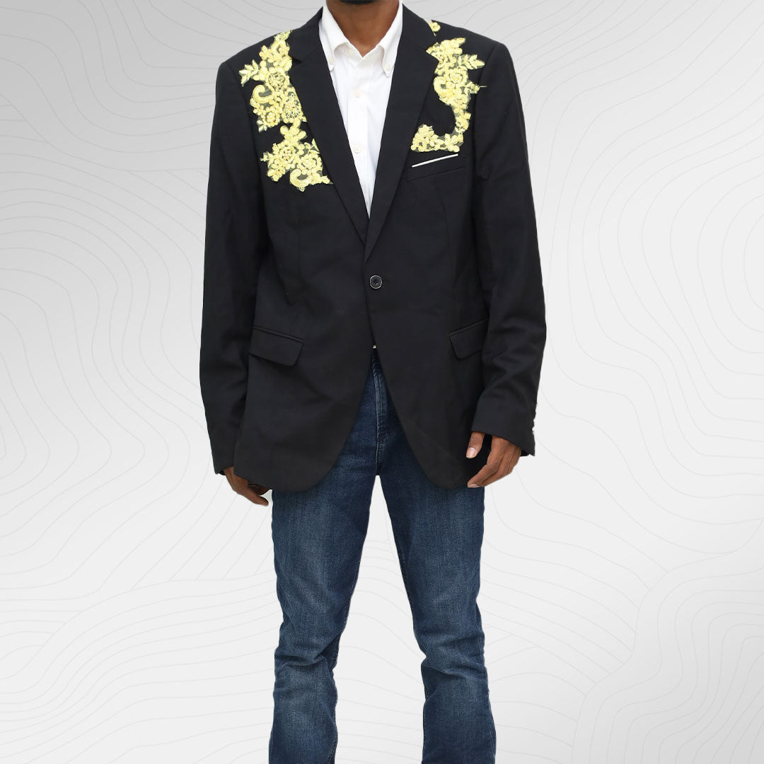 Men's Black Embroidered Blazer — Stylish Party & Formal Wear