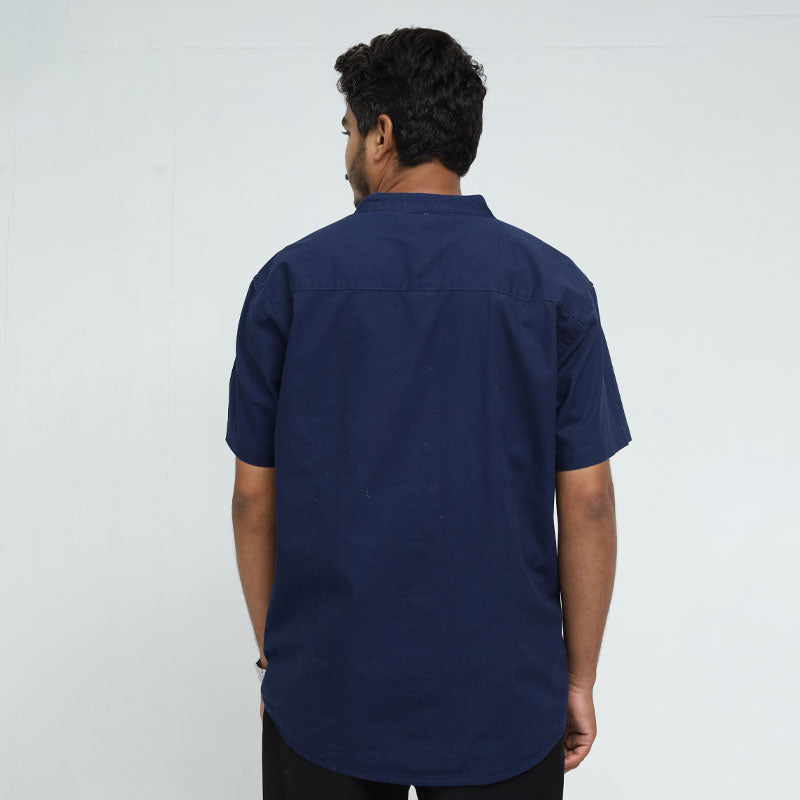 BosheeMAN Men's Casual Blue Cotton Shirt, Short Sleeve Mandarin Collar