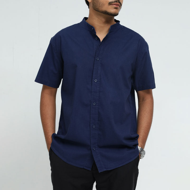 BosheeMAN Men's Casual Blue Cotton Shirt, Short Sleeve Mandarin Collar
