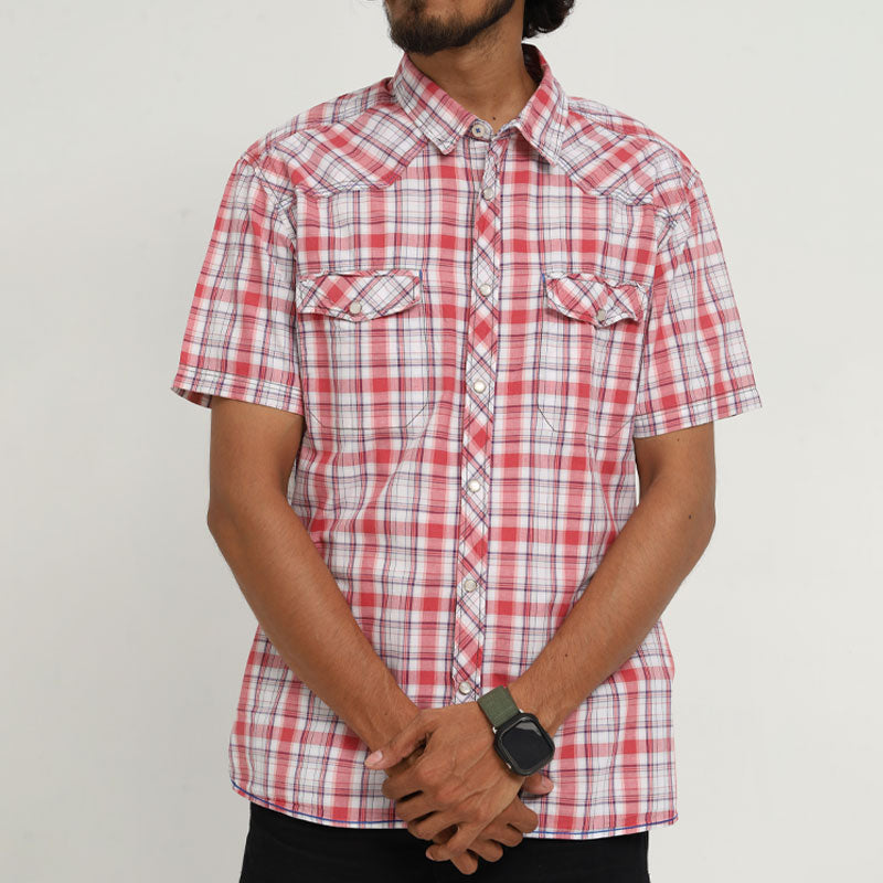 Burton Man Men's Red Plaid Western Style Cotton Shirt – Short Sleeve Casual Fit (Large)