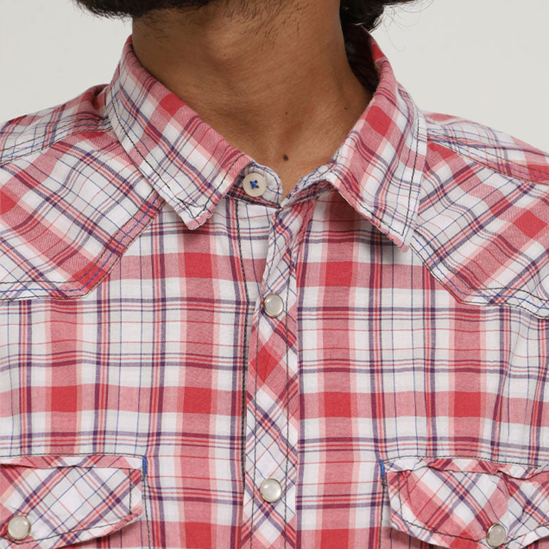 Burton Man Men's Red Plaid Western Style Cotton Shirt – Short Sleeve Casual Fit (Large)