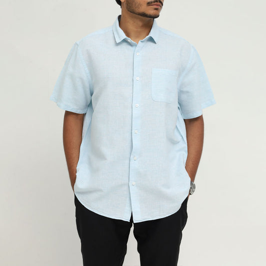 Men's Casual Short Sleeve Cotton Shirt - Sky Blue | Relaxed Fit
