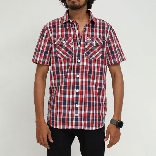 Men's Red & Navy Cotton Check Shirt – Western Style Short Sleeve