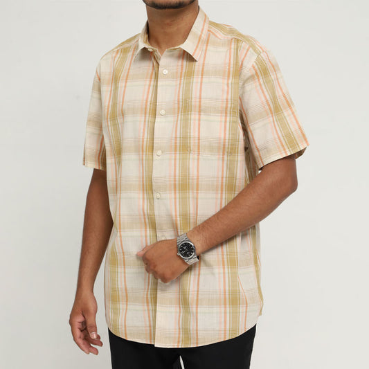TU Man Large Casual Cotton Shirt – Beige & Peach Plaid